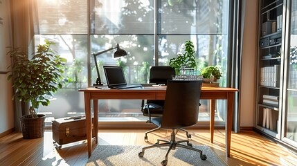A Nook of Innovation - The Warmth and Efficiency of a Modern Home Workspace, Bathed in Sunlight by a Large Window