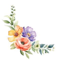 Watercolor flowers bouquet with colorful leaves branches wildflowers illustration elements - 757272344
