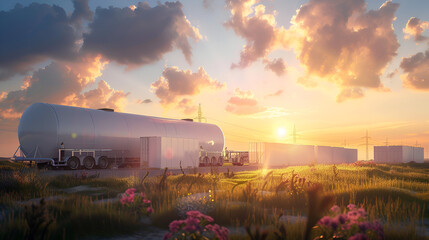 Hydrogen Zero Emission Storage Center at Sunset, Concept of Sustainable Energy Storage Solution, Environmental Conservation, Generative AI

 - obrazy, fototapety, plakaty