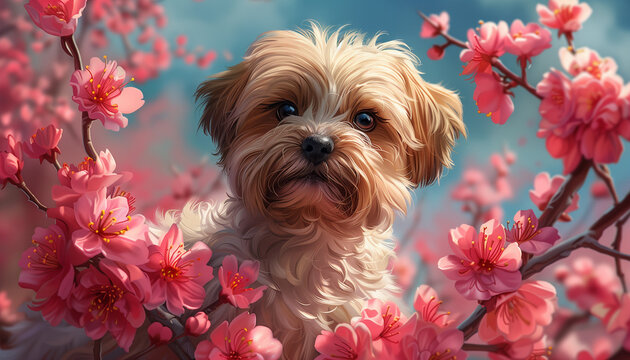 Adorable Shih Tzu Puppy Under a Cherry Blossom Branch: Illustration