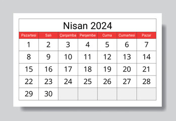 March 2024 TURKISH calendar - Nisan. Vector illustration. Monthly planning for business in Turkey