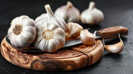 Garlic Arranged on a Wooden Plate and Cutting Board, Set Against a Dark Background