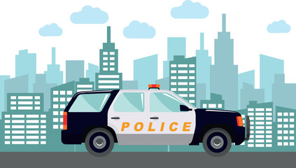 Police Car on Modern Cityscape Background in Flat Style. Vector Illustration