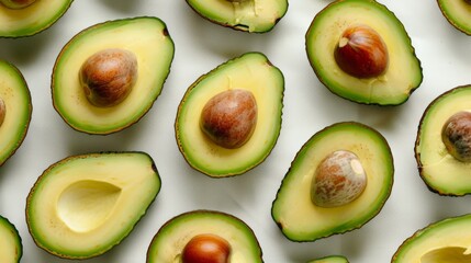Halved avocados with pits neatly arranged for a fresh healthy food concept. Green avocado halves pattern for nutritious diet ideas. Fresh avocado slices on pale surface for culinary presentations. - obrazy, fototapety, plakaty