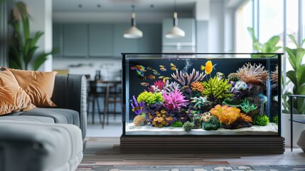 Create a photorealistic image of a home interior with a large, detailed aquarium,