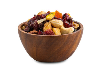 Closeup view of breakfast mix nuts and fruits in wooden bowl isolated on white background with clipping path.