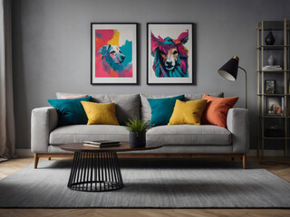 A light grey sofa with vibrant pillows against a wall showcasing art poster frames, bringing together pop art influences and Scandinavian home interior design in the modern living room.