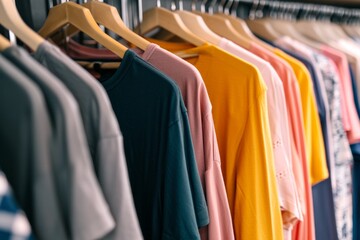 Obraz premium Clean, ironed t-shirts on a hanger in a store or at home in a light wardrobe. Clothing store concept for sale 