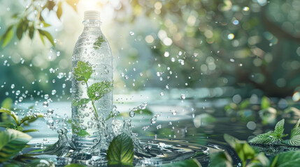 A water bottle creating a dramatic splash among mint leaves, symbolizing purity, hydration, and healthy lifestyle choices
