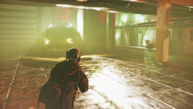 Suffering the defeat in the competitive shooter computer game. Player defeated by the opponents in the internet shooter game. Defeat in the round of the shooter simulator game combat fight.