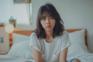 Depression asian young women sitting on the bed in bedroom. Frustrated confused female feels unhappy problem in personal life. She is exhausted and suffering from life.