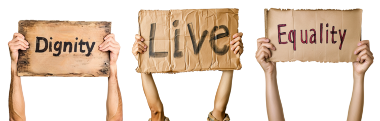 Three arms rising poster that says dignity, live and equality. Protest, activism concept. Isolates over white transparent background