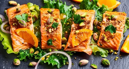 Healthy and Delicious Salmon Enhanced with Pistachios, Orange Segments, and Green Lettuce