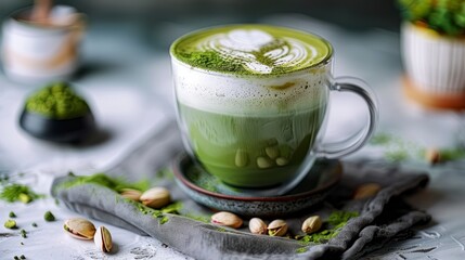 The Art of Blending Vibrant Green Matcha with Crunchy Pistachios in a Latte
