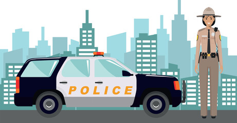Naklejka premium Young Cute Smiling Standing Policewoman Sheriff Officer in Uniform with Police Car and Modern Cityscape in Flat Style. Vector Illustration