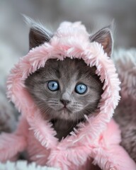 Grey kitten with striking blue eyes in a fluffy pink bunny outfit adorable for a pet calendar image