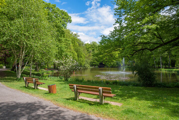 spa garden Bad Aibling, lake Irlachsee with fountain, recreational area with benches. upper bavarian spring landscape