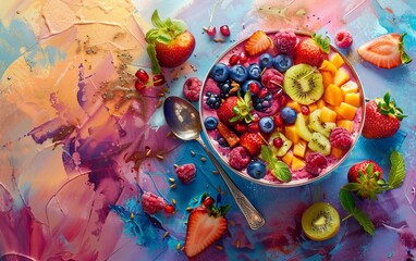 A vibrant bowl of fresh, colorful fruits on a smooth teal surface, showcasing a healthy and delicious assortment.