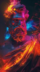 The Greek god Hephaestus master of craftsmanship bathed in an otherworldly neon forge glow