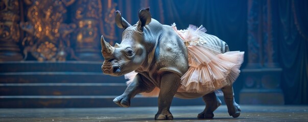 A ballet-dancing rhino gracefully performing in a tutu, showcasing surprising agility on a grand theater stage - obrazy, fototapety, plakaty