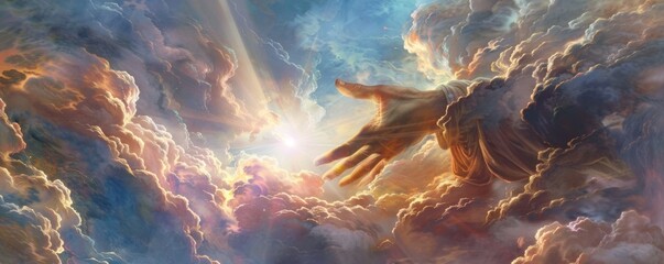 A dramatic depiction of the hand of God appearing from a fantasy sky with radiant beams piercing through iridescent clouds - obrazy, fototapety, plakaty