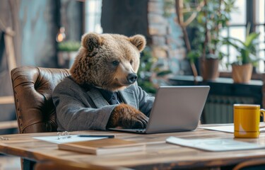 A pensive bear in business wear deeply engaged with a laptop in a spacious office - obrazy, fototapety, plakaty