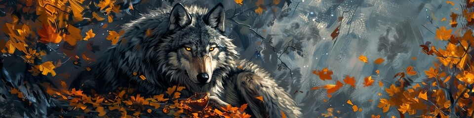 Fierce wolf guarding a hidden treasure - obrazy, fototapety, plakaty