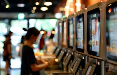 Self service kiosks at a fast food restaurant taking orders and processing payments