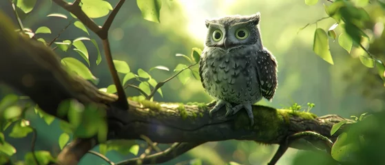 Papier Peint photo autocollant Dessins animés de hibou Wise owl perched on a magical tree branch