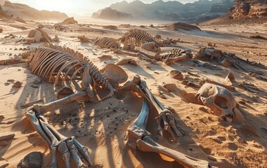 A sprawling desert landscape with sun bleached fossil bones of long dead creatures scattered across the sand - obrazy, fototapety, plakaty