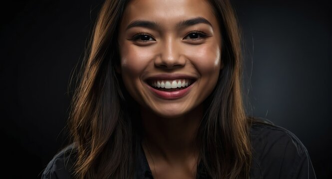 Portrait of attractive beautiful model filipina woman optimistic happy laughing on plain bright black background from Generative AI