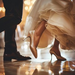 Elegant golden dance shoes of a woman swirling in a ballroom dance, moment captured with warm lights - obrazy, fototapety, plakaty