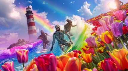 A surreal scene of zombies surfing amidst tulips on a vibrant rainbow wave with a distant lighthouse in the background