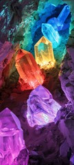 Neon quartz cave with walls lined with glowing neon quartz crystals in a variety of colors lighting up the dark mystical cave interior