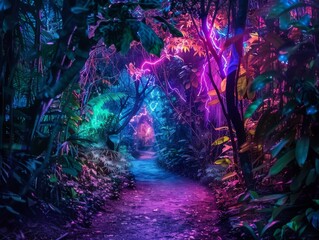 Neon vine jungle at night with vines glowing in neon colors illuminating a path through the dense mysterious forest