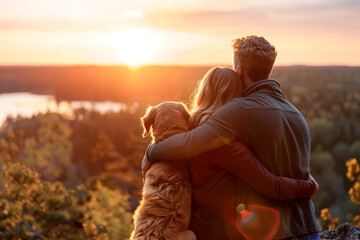 Couple embracing each other an their dog while watching golden sunset from a lookout point. International Dog's Day concept
