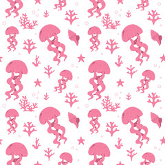 Cute cartoon jellyfish seamless pattern on white background © Maryna Darevskaya