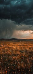Onyx thunder plains during a storm with dark dramatic clouds and lightning strikes illuminating the vast open grasslands