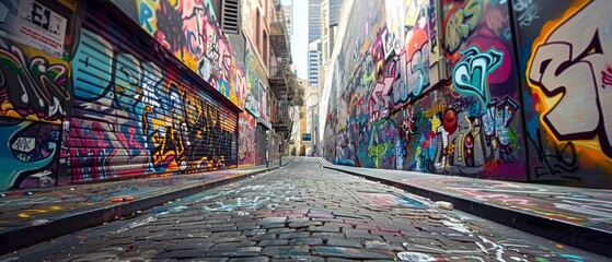 A digital graffiti alley where artists create and display augmented reality street art changing with the viewers perspective - obrazy, fototapety, plakaty