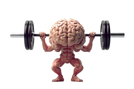 Three dimensional brain with muscular arms lifting weight over isolated transparent background. Exercising memory concept