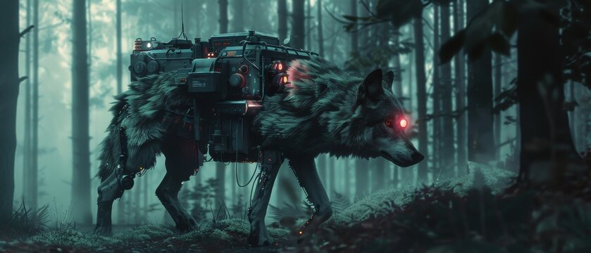 Mechanical wolf with night vision and a railgun on its back stalking through a digital forest
