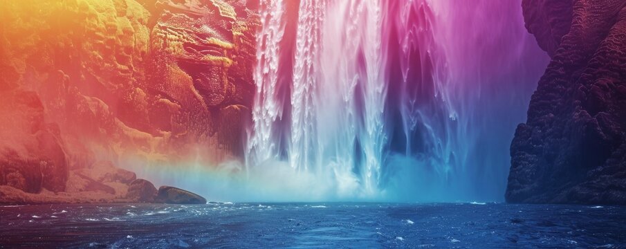 A mystical waterfall that flows upwards with rainbow colored mist rising to the sky