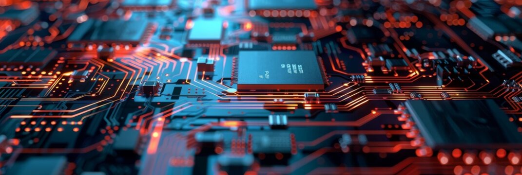 Futuristic chipset on circuit board digital transformation backdrop tech glow