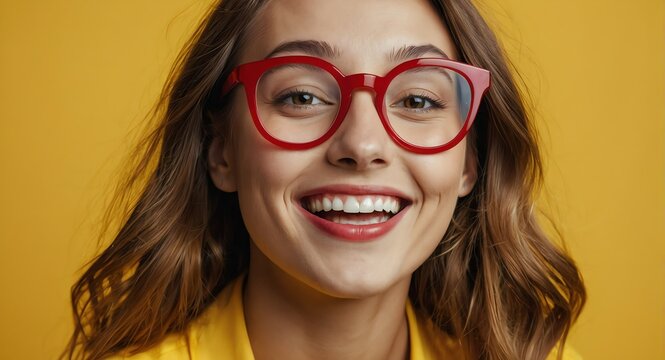 Portrait of attractive beautiful model nerd woman optimistic happy laughing on plain bright yellow background from Generative AI