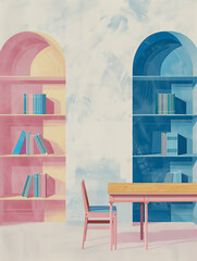 Serene Study Retreat: Boho Minimalism, Cozy Bookshelf in a Room. Art Painting.