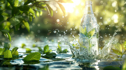 A refreshing bottle with water splashing around it and mint leaves with droplets in a vibrant, natural setting - Powered by Adobe