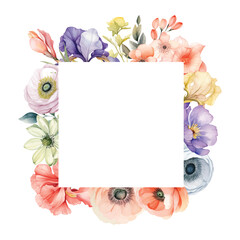 Watercolor flowers frame with colorful leaves branches wildflowers illustration elements - 757275387