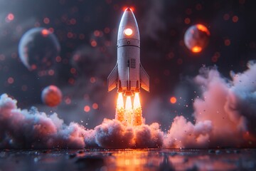 a rocket taking off from a space ship - obrazy, fototapety, plakaty