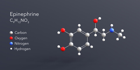 epinephrine molecule 3d rendering, flat molecular structure with chemical formula and atoms color coding © Сергей Шиманович