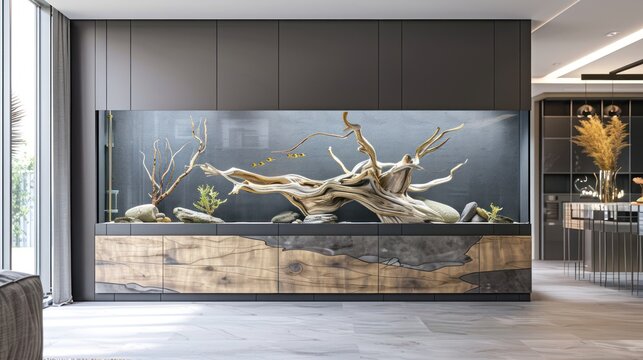 large aquascape aquarium with driftwood in a modern home